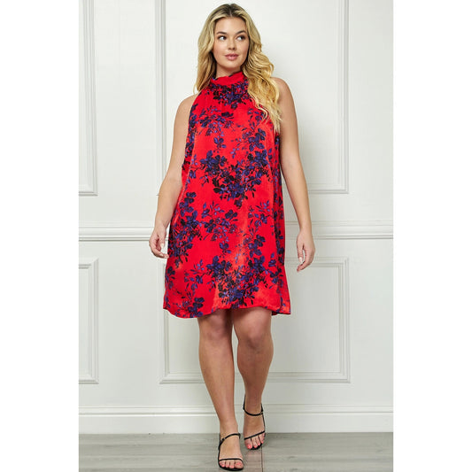 Navy & Red Floral Halter Swing Dress PLUS