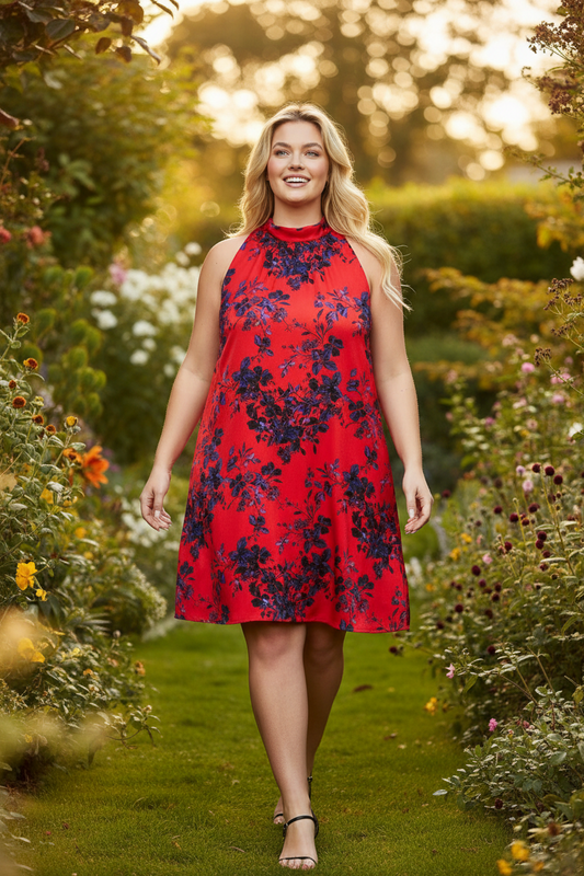 Red Floral Ruffle Mock Neck Swing Dress Plus Size