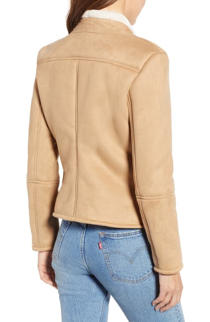 Tan Faux Suede Moto Jacket with Sherpa Collar - Camel Shearling