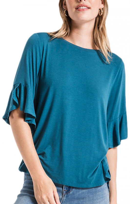 Teal Ruffle Sleeve Top – Soft Jersey Knit