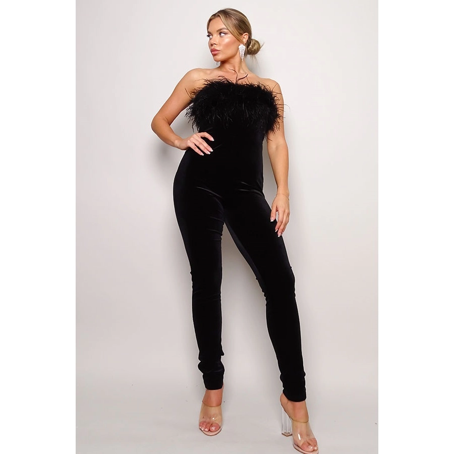 Black Strapless Feather Velvet Catsuit