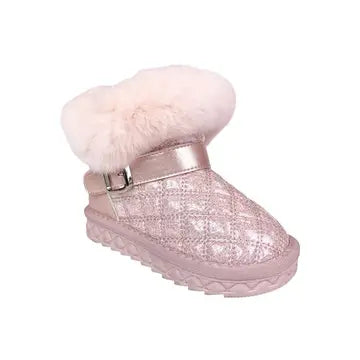 Girls' pink metallic quilted boot with white faux fur trim and silver buckle detail on white background