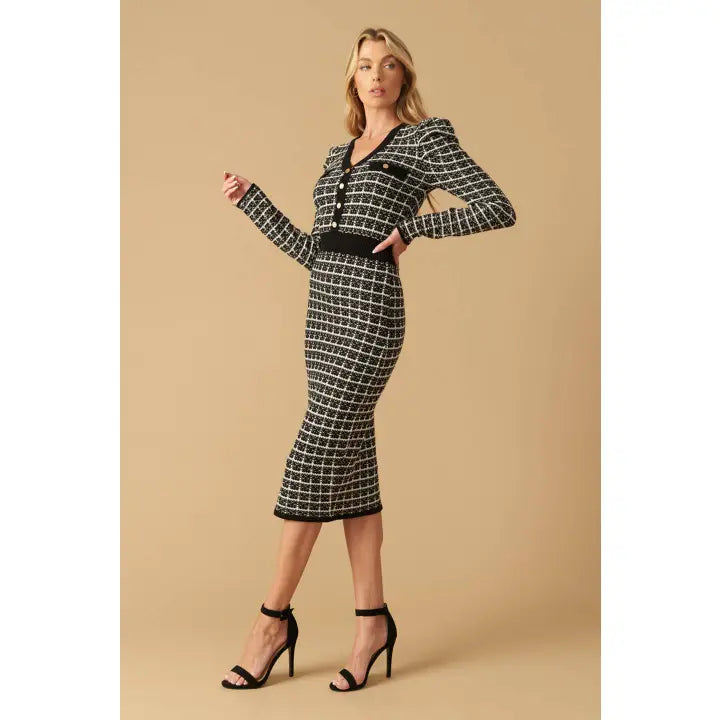 Black & White Boucle Knit Midi Dress - Long Sleeve V-Neck with Gold Buttons