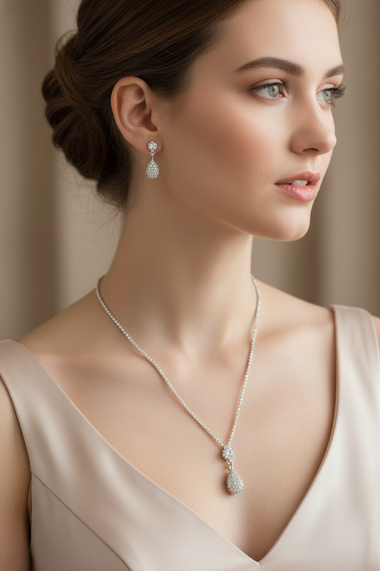 Woman wearing delicate cubic zirconia pear pendant necklace with rhinestone chain and matching earrings for prom or formal event