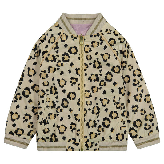 Girls reversible leopard print bomber jacket with gold zipper and ribbed trim — trendy lightweight fall jacket for toddlers and kids.