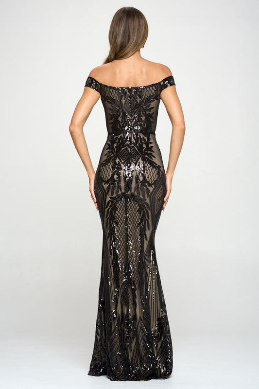 Black/Nude Off-Shoulder Sequin Mesh Evening Gown – Fitted Mermaid Silhouette