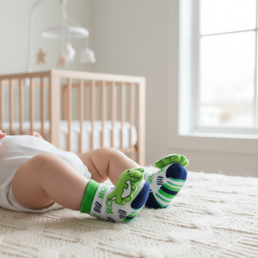 Editorial image of baby wearing green dinosaur ROAR rattle socks