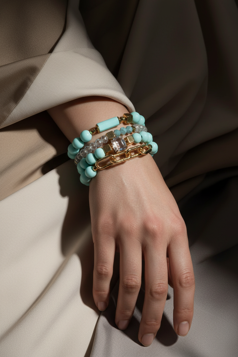Editorial lifestyle image of mint and gold stretch bracelet set