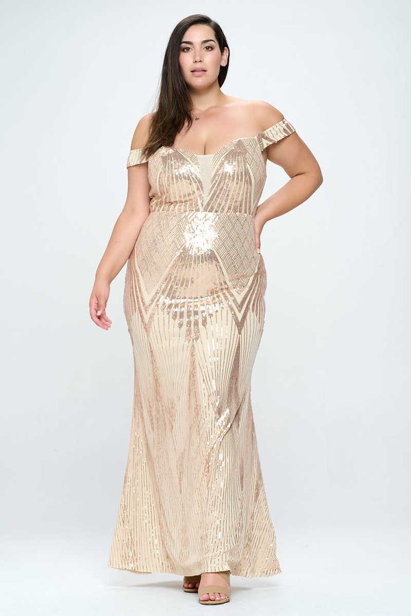 Off-the-Shoulder Mesh Inset Sequin Gown PLUS