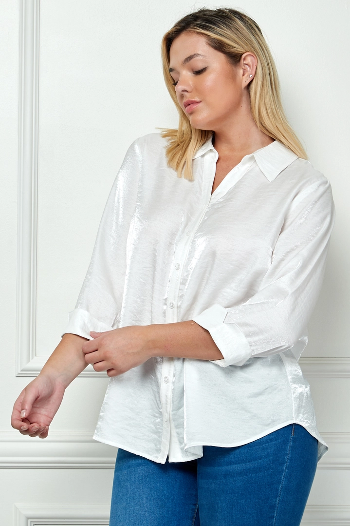 Shimmer 3/4 Cuff Sleeve Collared Button Down Blouse PLUS