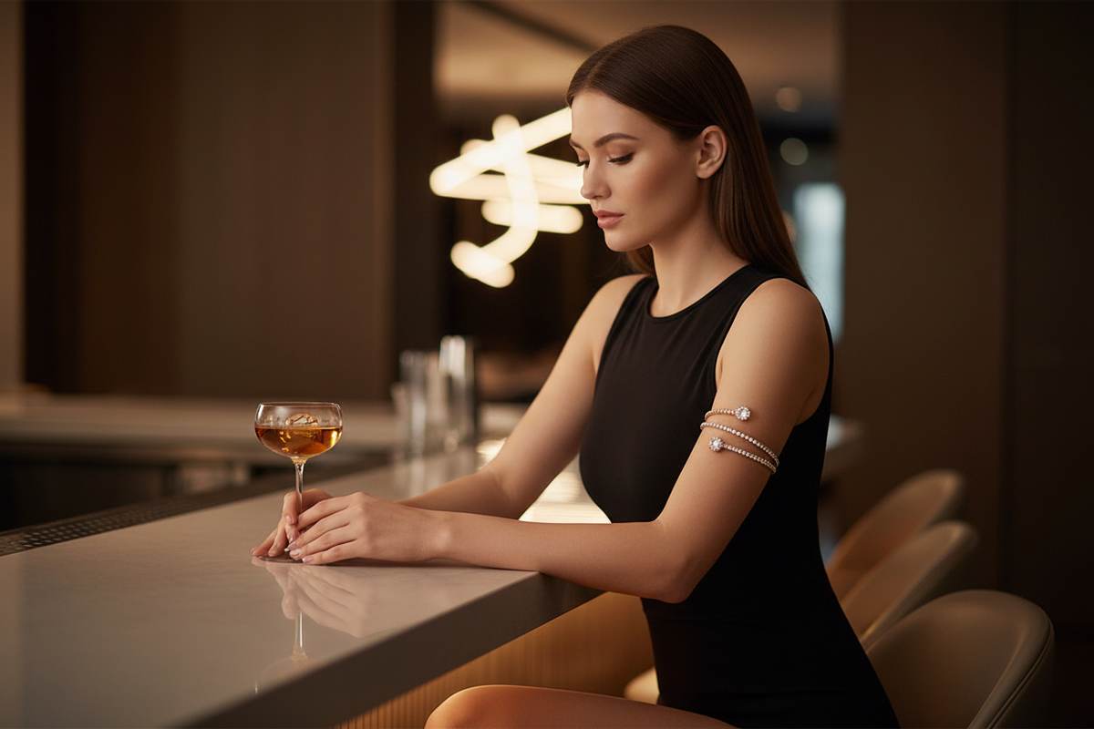 Woman in black sleeveless bodysuit at bar looking down at cocktail, wearing gold crystal wrap arm cuff bracelet on upper arm, elegant sophisticated atmosphere