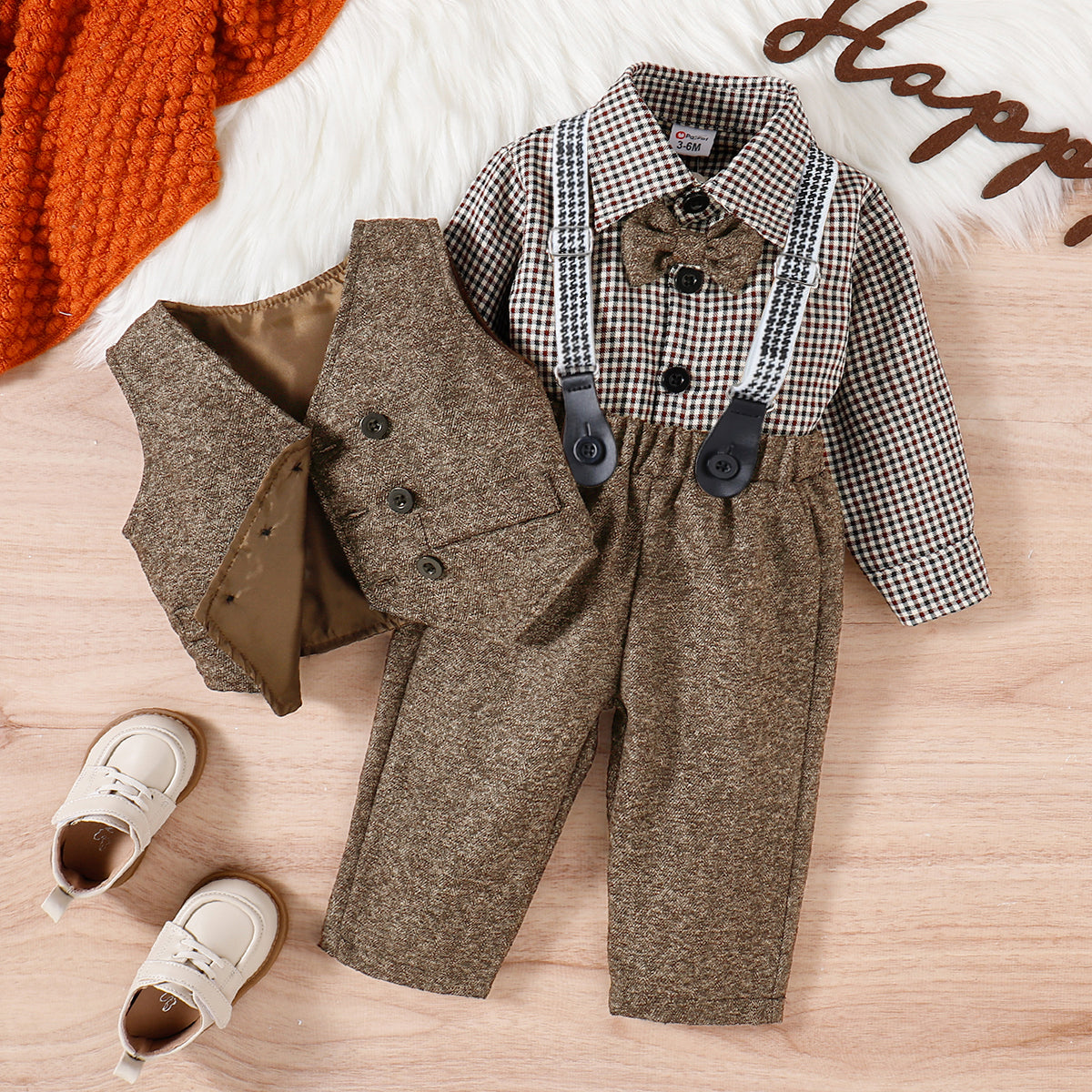 Boys' 3pcs Houndstooth Shirt Collar Set