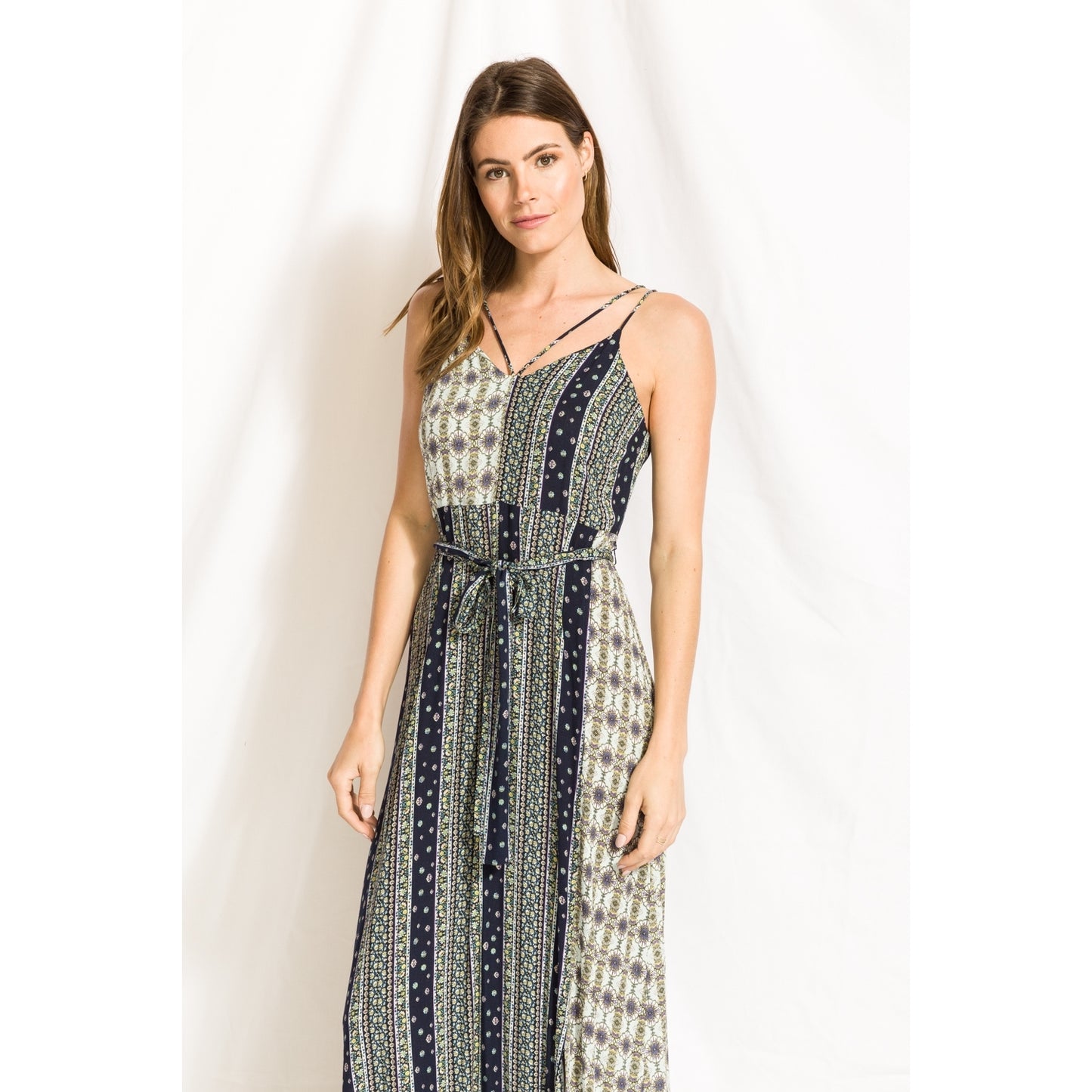 Boho Printed Maxi Dress with Waist Tie