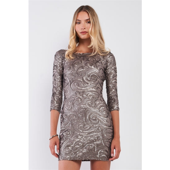 Oxidized Gold Sequin Embroidery Midi Sleeve Dress