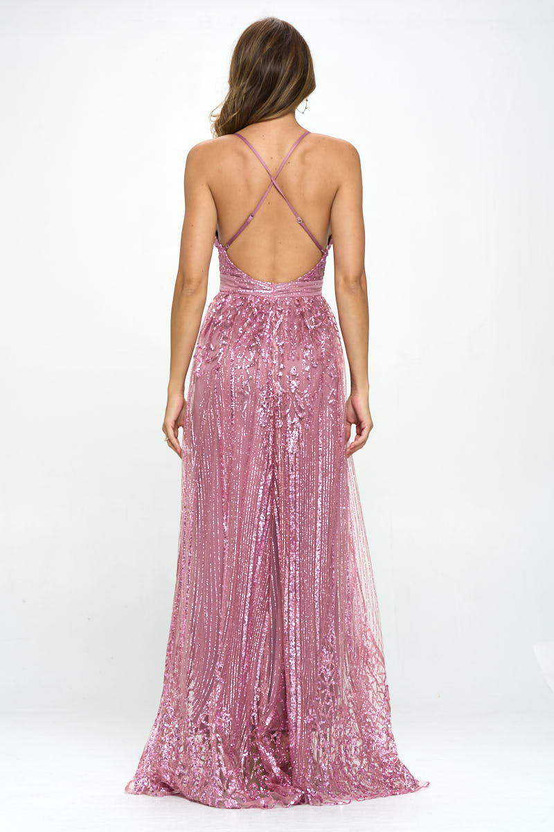 Back view of mauve sequin formal gown featuring crisscross back detail and elegant draping
