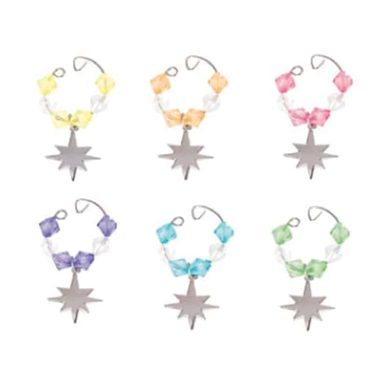 Six colorful beaded wine glass charms with star pendants in yellow, peach, pink, purple, turquoise, and green