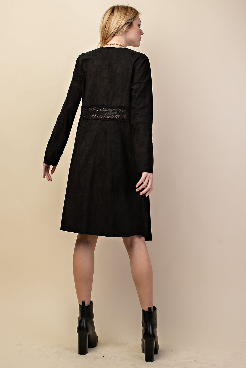 Long Faux Suede Jacket Lace & Button Detail - Beige