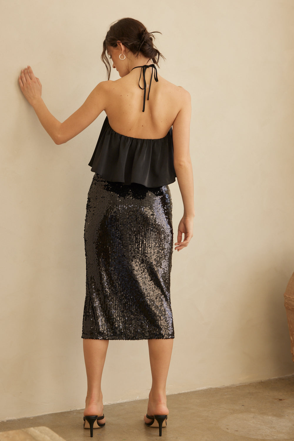 Black Sequin Side Slit Midi Skirt