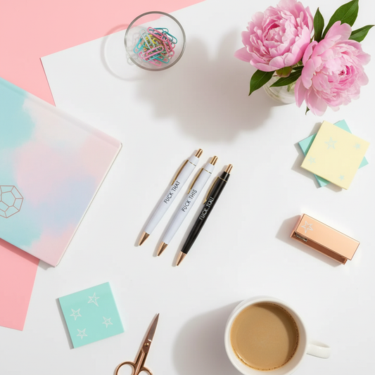 Overhead flat lay of pens with rose gold accents and desk accessories - modern stationery styling photography