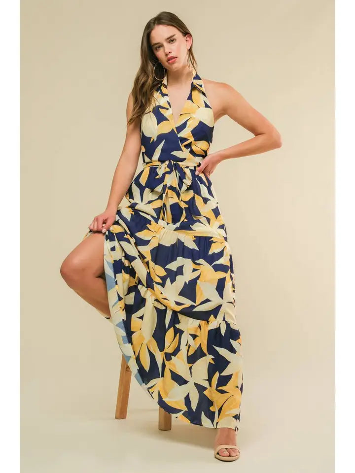 Floral Print Halter Summer Maxi Dress - Navy/Yellow