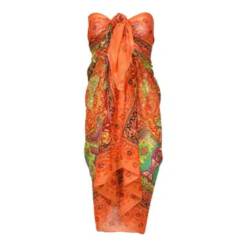 Geo Metallic Embroidered Cotton Sarong Cover-Up – Orange, Blush, Fuchsia