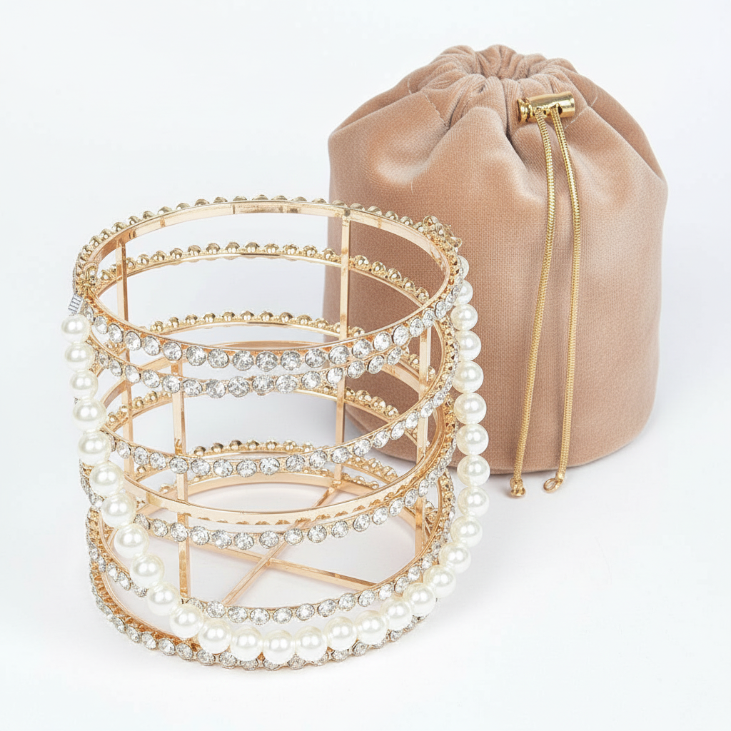 Rhinestone Pearl Cage Bucket Clutch - Gold Evening Bag