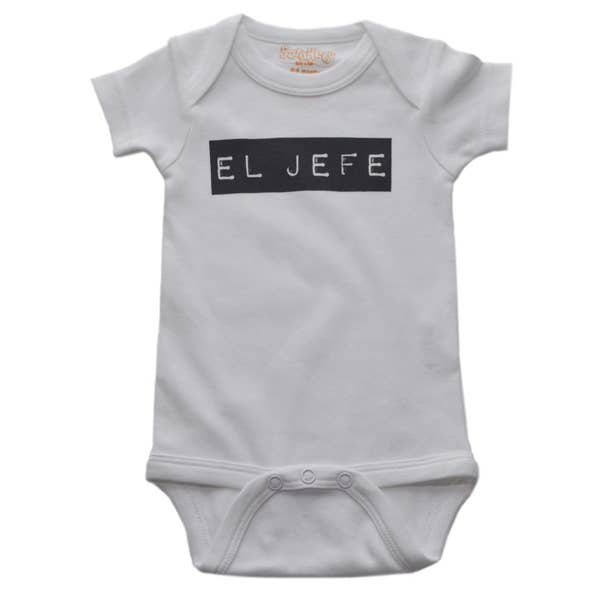 White El Jefe baby onesie with black text graphic, short sleeves and snap closure at bottom 6-12 months