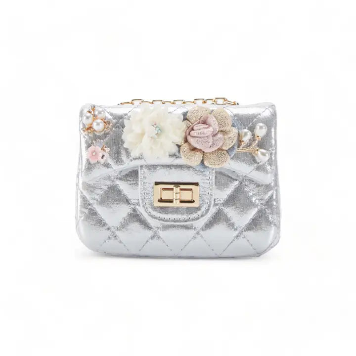 Girls' Floral Appliques Metallic Quilted Purse
