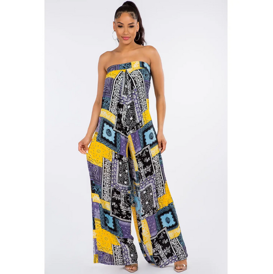 Designer-Inspired Scarf Print Strapless Jumpsuit with Back Tie