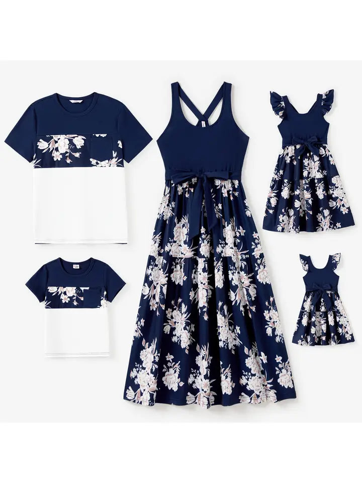 Baby Girl Navy Floral Ruffle Dress – Family Matching Set