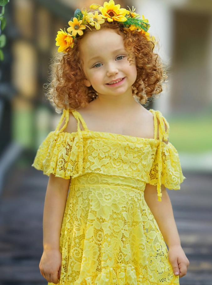 Girls' Yellow Floral Lace Hi Lo Cold Shoulder Maxi