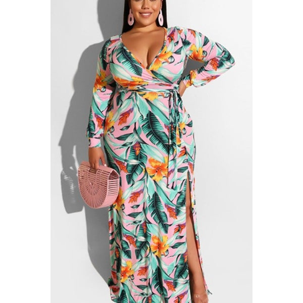 Pink Tropical Floral Wrap Maxi Dress Plus Size