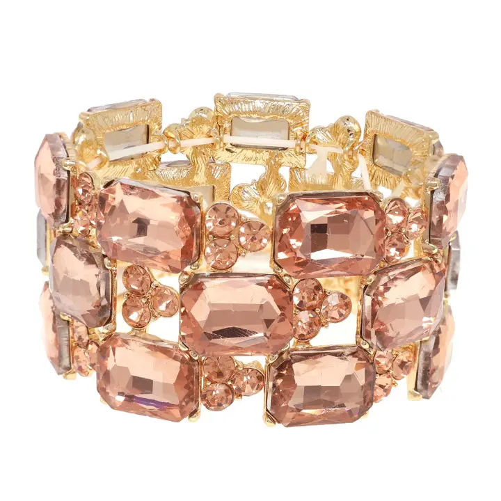3-Row Rectangle Cut Crystal Gem Cluster Bracelet - Champagne