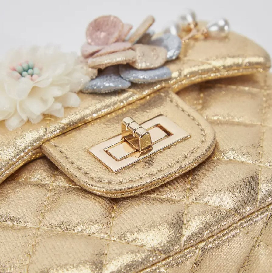Girls' Floral Appliques Metallic Quilted Purse
