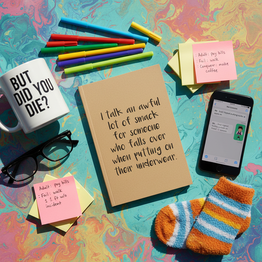 Playful overhead flat lay of humorous kraft notebook surrounded by coffee, colorful pens, and scattered accessories