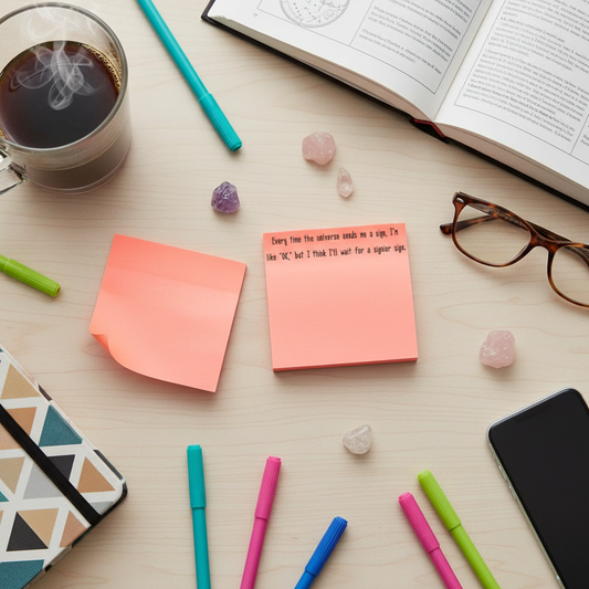 Overhead flat lay of neon orange sticky notes surrounded by office supplies, tarot cards, and coffee on white desk