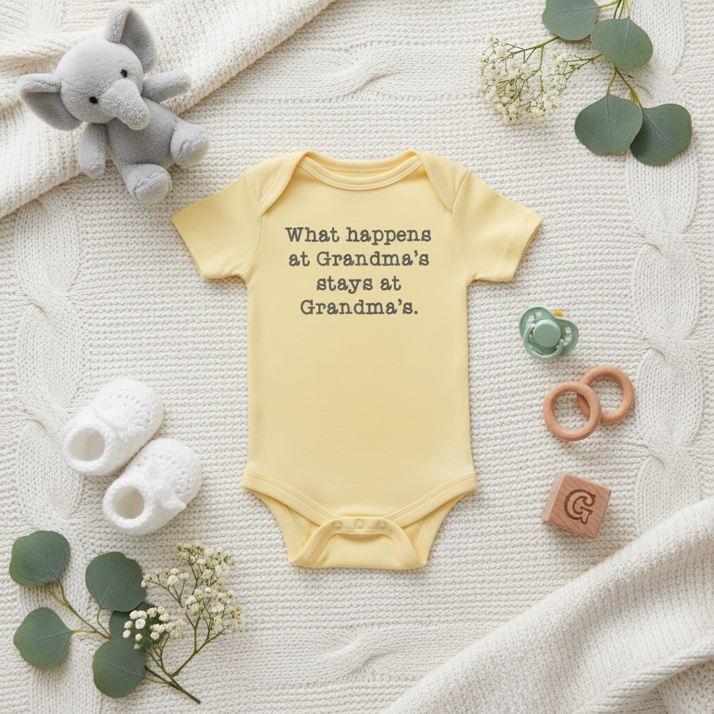 Overhead flat lay of yellow baby onesie with grandma text surrounded by baby accessories and toys on soft blanket