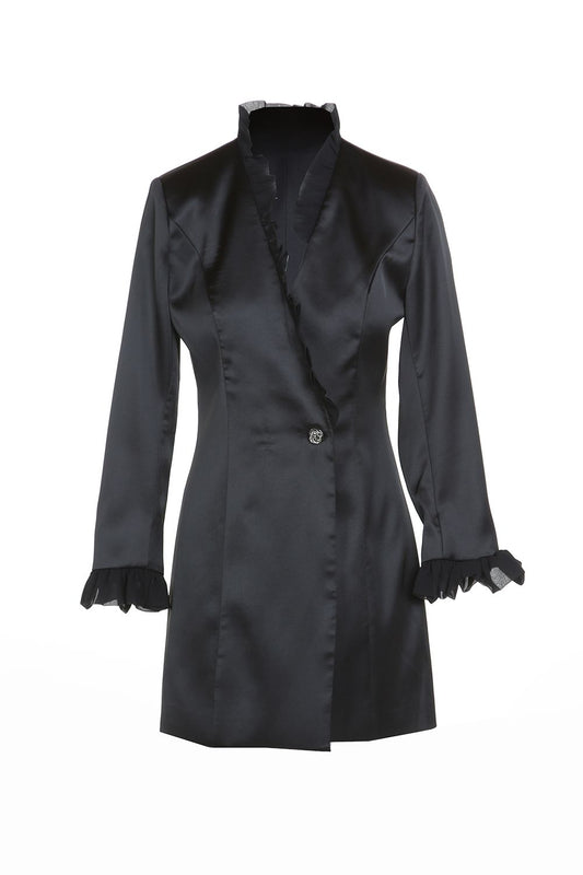 Black Satin Longline Blazer | Ruffle Collar & Crystal Button