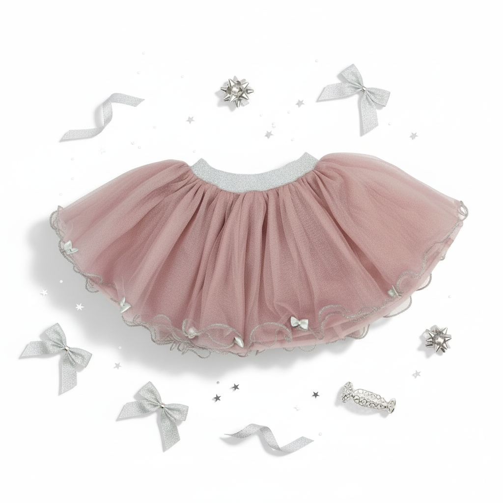 A pink tulle tutu with silver bows on a white background.