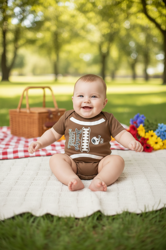Baby in a football-themed onesie sitting on a blanket outdoors with flowers and a picnic basket.