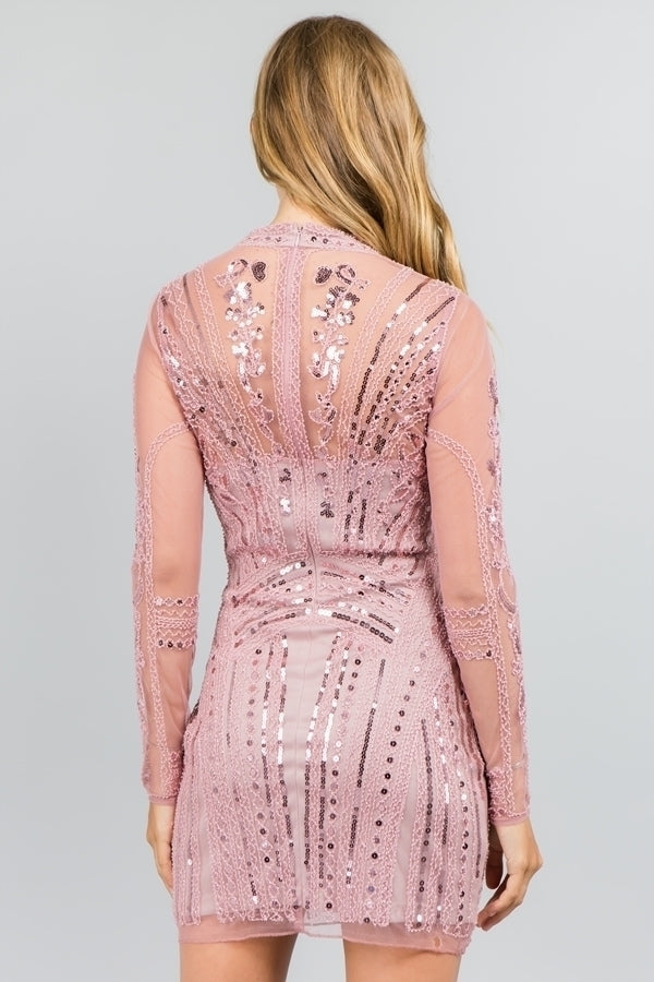 Blush Pink Art Deco Sequin Beaded Mesh Mini Dress | Mock Neck Long Sleeve