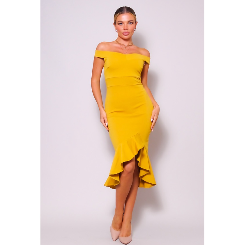 Off Shoulder Ruffle Mermaid Midi Dress | Red & Mustard | Glam Womens Dresses Red / L Off Shoulder Ruffle Mermaid Midi Dress | Red & Mustard | Glam Womens Dresses Red / L