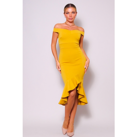 Off Shoulder Ruffle Mermaid Midi Dress