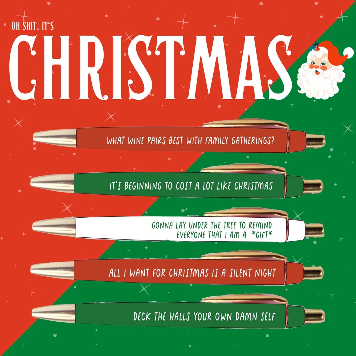 Set of 5 funny Christmas pens with hilarious holiday phrases, perfect Secret Santa gift for coworkers, stocking stuffers under $20