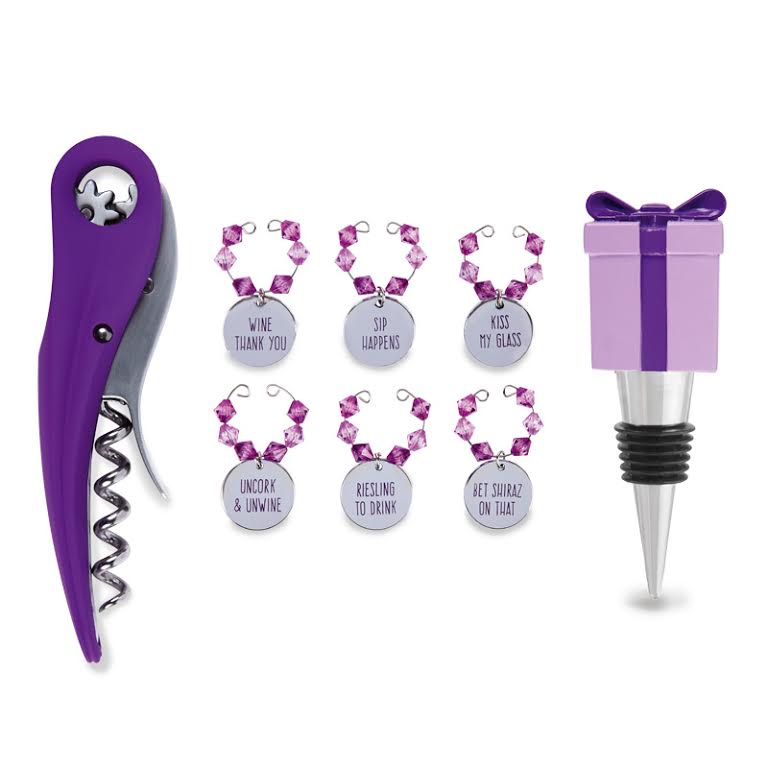 A set of wine accessories including a purple corkscrew, a wine bottle stopper, and six wine charms with purple beads and silver-colored tags with text on them.