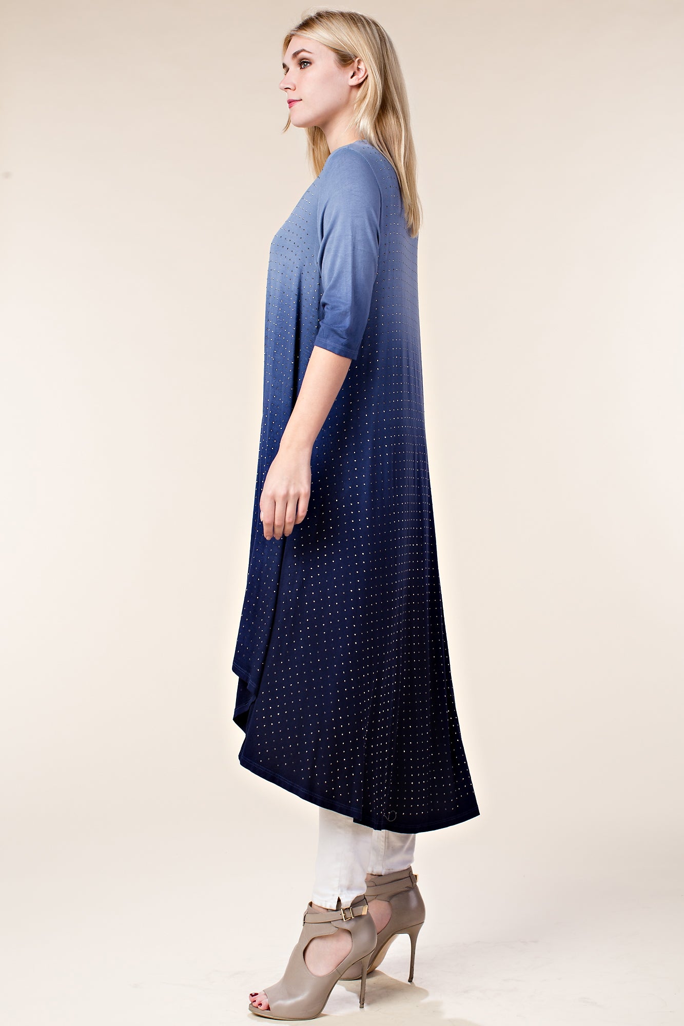 Long Stone Embellished Navy Ombre Cardigan Duster