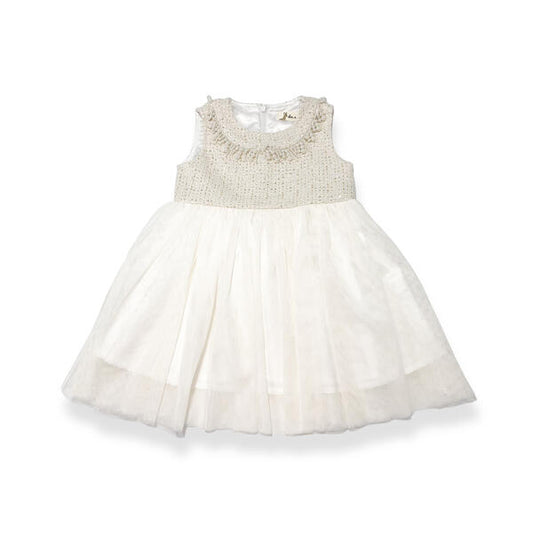 Girls ivory tweed and tulle dress with pearl trim neckline and layered tulle skirt for special occasions