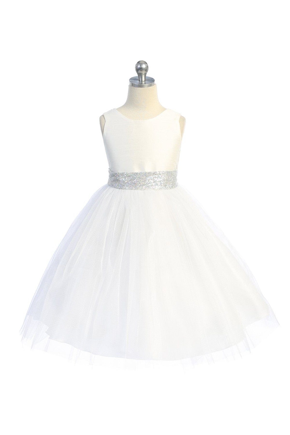 Girls' Ivory/Silver Sequin Back V Dress