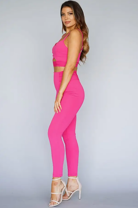 Hot Pink Cutout Crop Top & High-Waist Pants Set