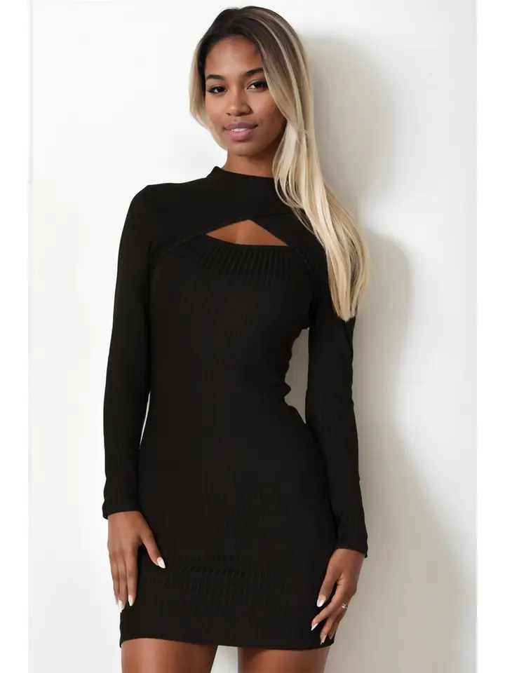 Black Cutout Bodycon Dress Long Sleeve | Ribbed Mini Dress with Chest Detail M Black Cutout Bodycon Dress Long Sleeve | Ribbed Mini Dress with Chest Detail M